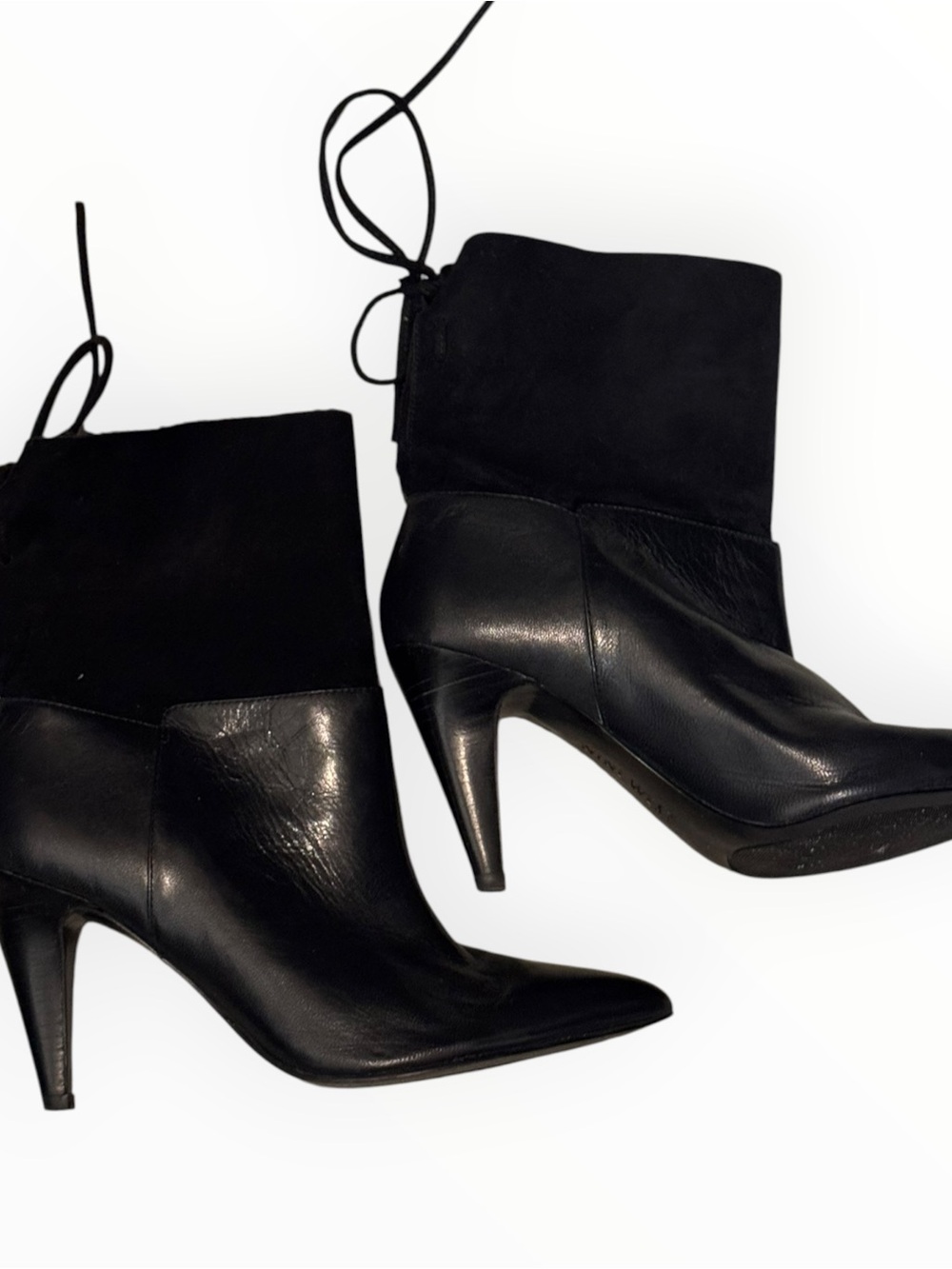 Nine West Black Leather & Suede Pointed Toe Heeled Ankle Boots with Back Tie